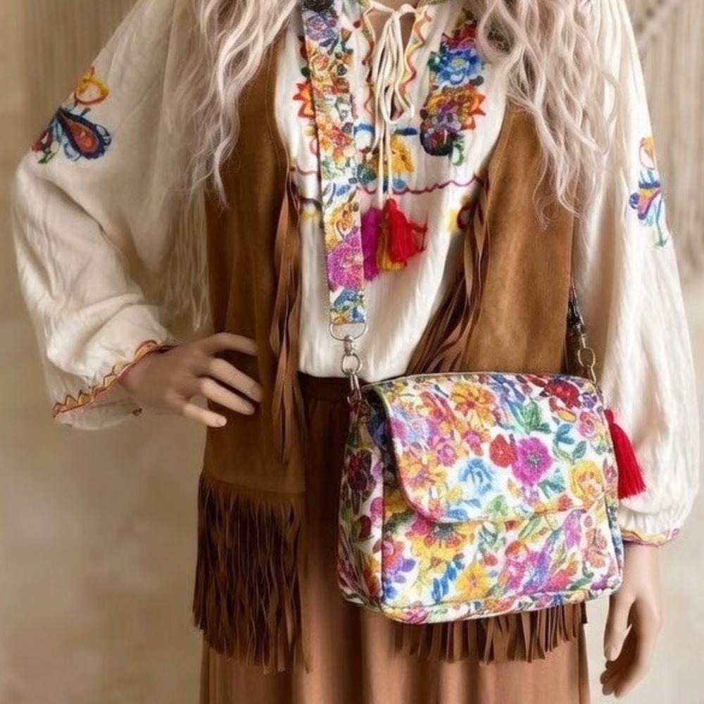 Carlos by‎ Carlos Santana Floral Paisley Crossbody Bag White Multi Boho Festival